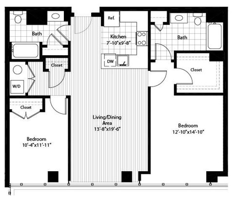 Floor plan for 2 beds, 2 baths, 1168 sqft